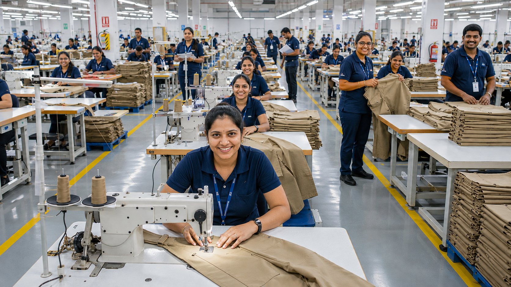 Sewing lines on the production floor, operators working at single-needle machines.